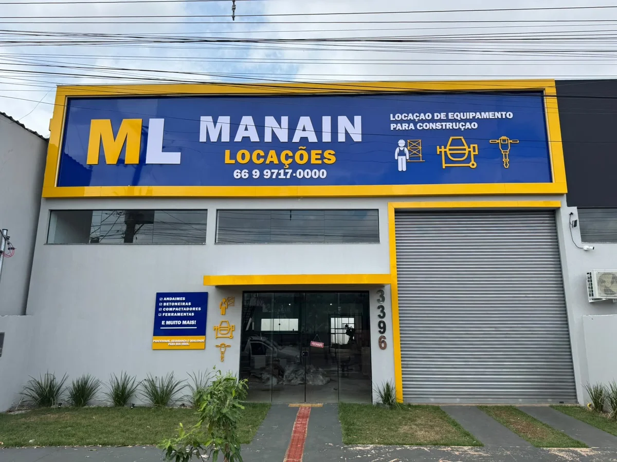Fachada da Manain Locações na Av. Tiradentes, em Rondonópolis - MT